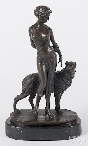 Patinated bronze of a woman with a dog, after Lorenzl, 12 3/4'' h.