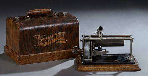 Columbia Graphophone Oak Cylinder Phonograph, c. 1901, with iron horn and winding key, motor works, Case- H.- 6 1/2 in.