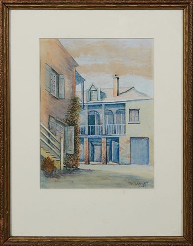P. Behne (New Orleans), "Courtyard of Madame John's Legacy," 1949, watercolor, signed and dated lower right, bearing a label from the