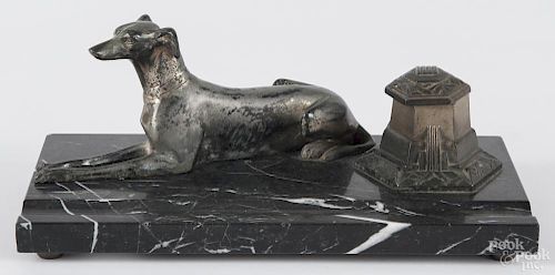 Marble and white metal standish with a reclining hound, 12'' l.