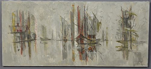 Ed Blouin (1941-,New Orleans), "Shrimp Boats on the Water," 1963, oil on canvas, signed and dated lower right, unframed, H.- 18 in.,...