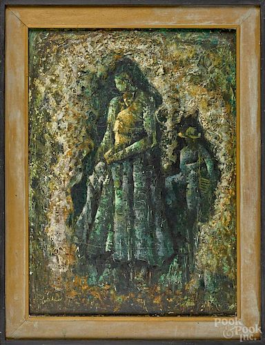 Jesus Ortiz Tajonar (Mexican 20th c.), oil on panel of a mother and children, signed lower left