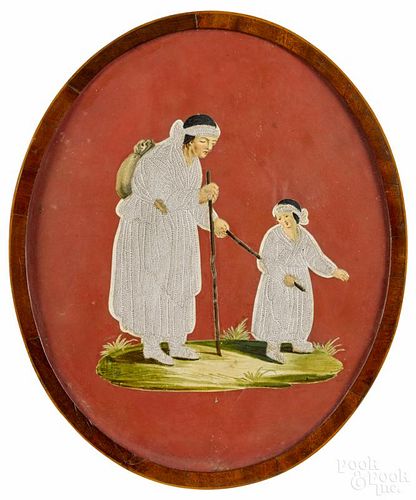 Watercolor and pinprick of an elder and child, late 19th c., 12 1/2'' x 10 1/4''.