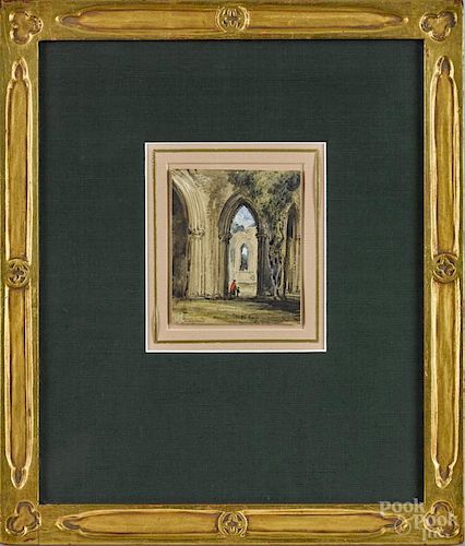 English watercolor figures outside of a cathedral, 19th c., signed Stanfield, 3 3/4'' x 3''.