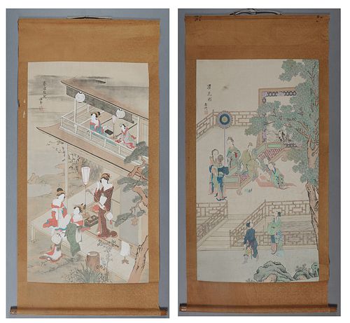 Two Oriental Scrolled Watercolors, early 20th c., one Japanese with Geishas at various tasks; the other Chinese, with the Emperor an...