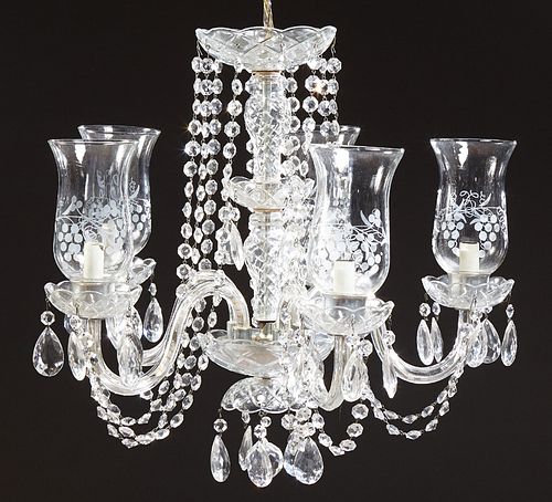 Marie Therese Style Six Light Crystal Chandelier, 20th c., the curved glass arms hung with prisms and prism chains, with etched glas...