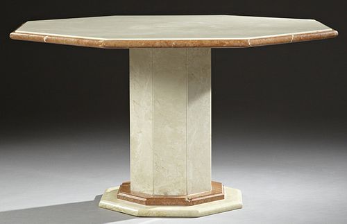Continental Art Deco Style Marble Pedestal Table, early 20th c., the octagonal white top with an orange curved edge over an octagona...