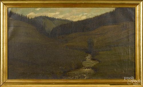 German oil on canvas landscape, late 19th c., 14 1/2'' x 26''. Provenance: DeHoogh Gallery