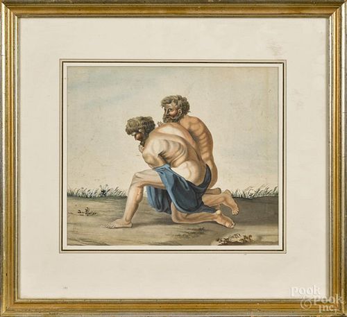 Continental watercolor portrait, 19th c., of two men praying, 10 1/4'' x 12''.