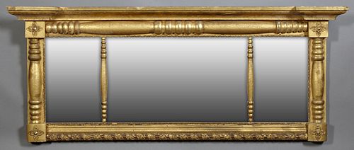 American Gilt Three Part Landscape Mirror, 20th c., with a stepped break front crown over a turned half column, over beveled mirror...