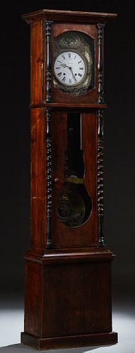French Provincial Tallcase Clock, 19th c., weight driven time and strike, the stepped ogee crown over a clock with a painted brass r...