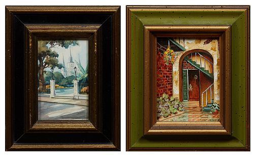 Two Miniature Paintings, 20th c., consisting of Mitchel Packard, "Marchand Patio," acrylic on canvas, signed lower left, H.- 3 1/2 i...