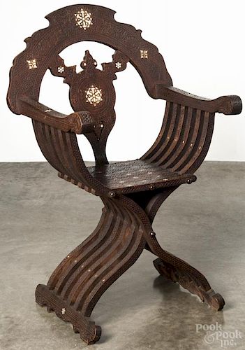 Italian mother-of-pearl inlaid savonarola chair, 19th c. Provenance: DeHoogh Gallery, Philadelphia