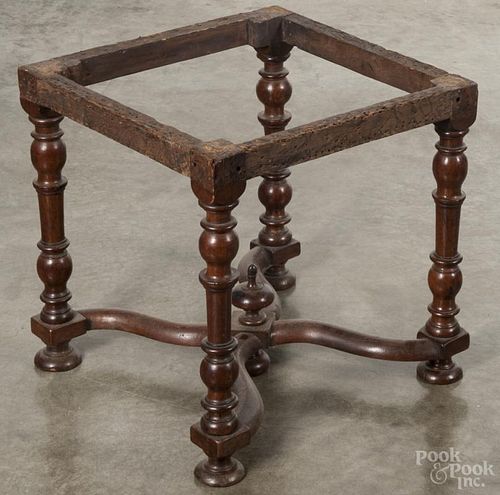 Continental walnut stool, 18th c., 17 1/4'' h., 17 1/4'' w., 17'' d. Provenance: DeHoogh Gallery