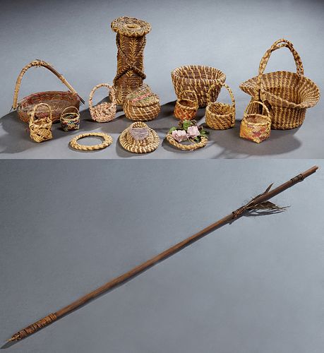 Group of Fifteen Various Diminutive Native American Items: consisting of four Choctaw market baskets; one Coushatta market basket; o...
