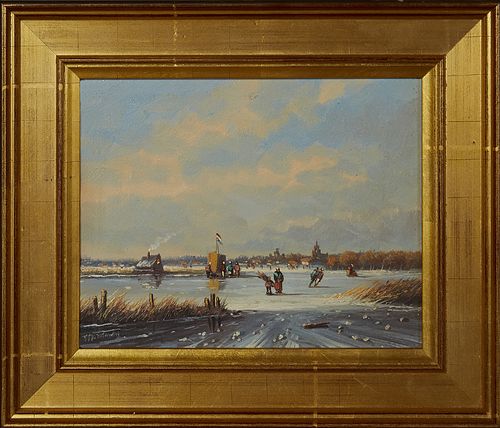 F.H. Hilverdink (Dutch), "Dutch Winter Scene," 20th c., oil on panel, signed lower left, presented in a gilt frame, H.- 7 in., W.- 8...