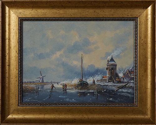 F. H. Hilverdink (Dutch), "Dutch Winter Scene," 20th c., oil on panel, signed lower left, presented in gilt frame with a gilt relief...