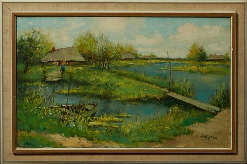 Jacob Cornelis Van der Heyden (1928-2012, Dutch), "Dutch Landscape With Figure," 20th c., presented in a polychromed frame with a li...