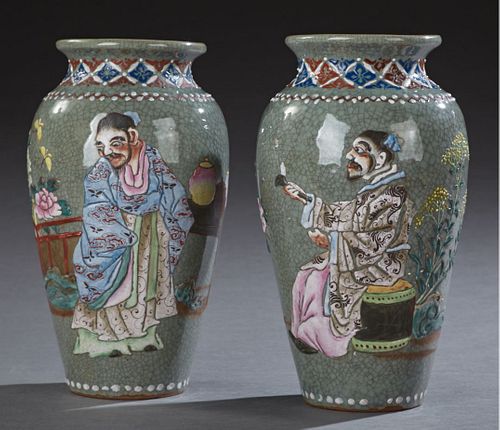 Pair of Japanese Baluster Crackleware Vases, 20th c., with figural and floral decoration, H.- 12 1/2 in., Dia.- 6 3/4 in.