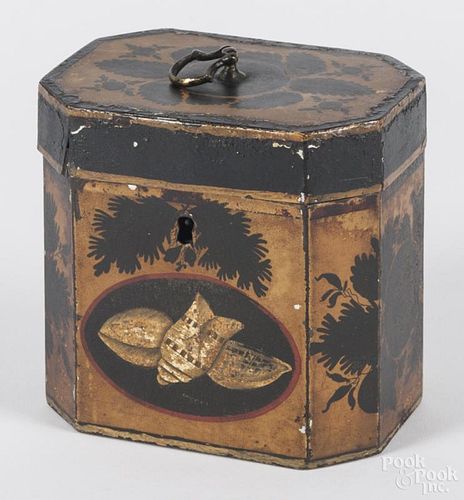 English tole painted tea caddy, early 19th c., 4 1/2'' h.