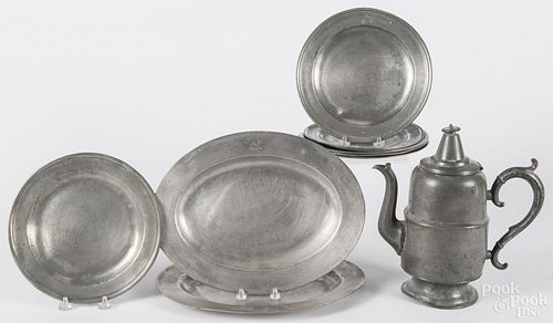 Six English pewter plates, 19th c., together with a pair of platters and a coffee pot, 10 1/2'' h.