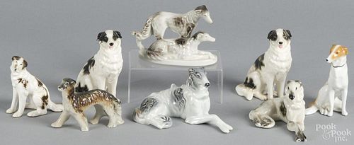 Seven porcelain borzoi figures, 20th c., together with a porcelain hound, largest - 4 1/2'' h.