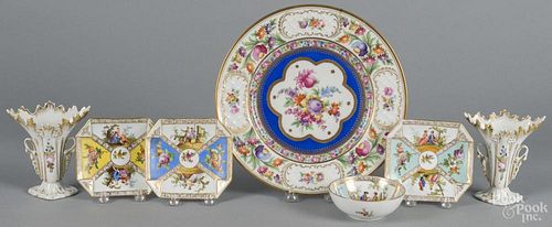 Dresden porcelain plate, 19th c., 10 3/4'' dia., together with three saucers, one cup