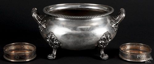 Silver-plated tureen, together with a pair of wine coasters, 7'' x 14 1/2''.