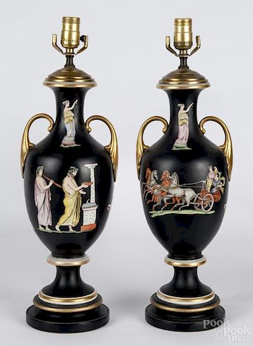 Pair of Continental classical painted porcelain table lamps, early 20th c., 16 1/2'' h.