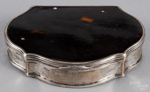 Silver snuff box, 19th c., with a tortoiseshell inset lid and base, 3 1/2'' l.