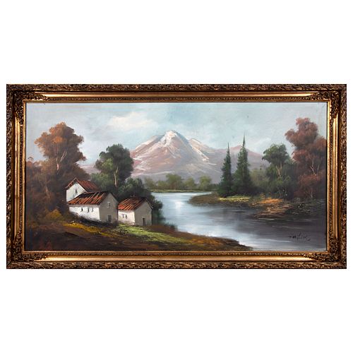 Firma no identificada. Vista de paisaje con lago. Óleo sobre tela. Enmarcado.  58 x 118 cm