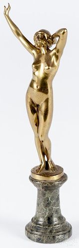 Percimer Rudolfi (German 1884-1932), gilt bronze female nude, 7 1/2'' h. Provenance: DeHoogh Gallery