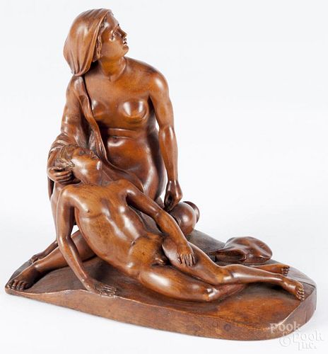 Carved fruitwood figure of a woman and a young man, 19th c., 8 1/4'' h. Provenance: DeHoogh Gallery