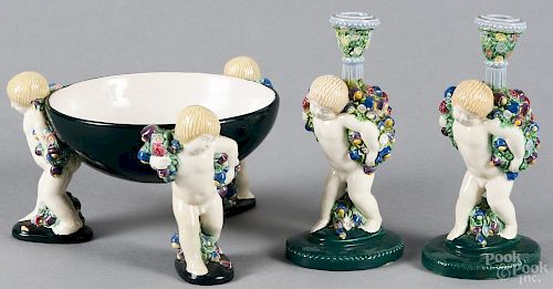 Austrian three-piece garniture, early 20th c., to include a centerpiece bowl, 5 1/2'' h., 9'' dia.