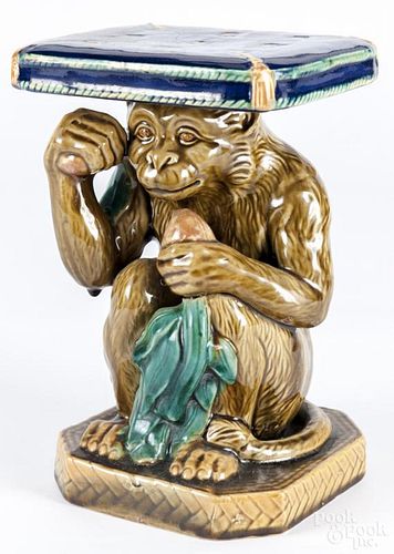 Majolica monkey pedestal, 19th/20th c., 12'' h., 8'' w. Provenance: DeHoogh Gallery, Philadelphia.