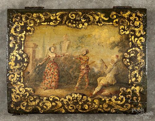 Regency painted and gilt-tooled covered box decorated with characters from the ''Commedia dellarte''