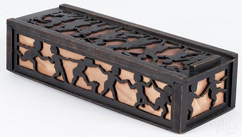 Wood and fabric slide lid box, early 20th c., with silhouettes of dancing figures, 3 1/4'' h., 13'' l.