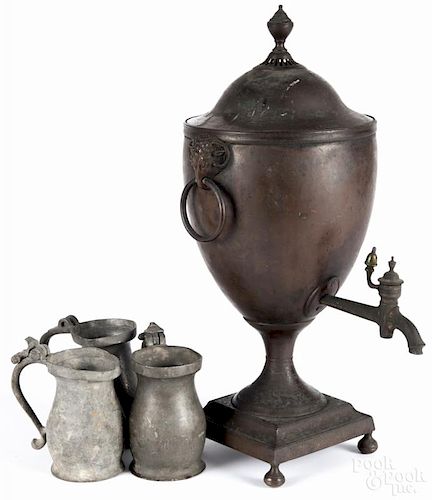 Regency copper hot water urn, early 19th c., 19 1/4'' h., together with three pewter measures