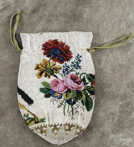 French beaded lady's bag, 19th c., depicting a soldier opposite flowers, 8 1/2'' l.