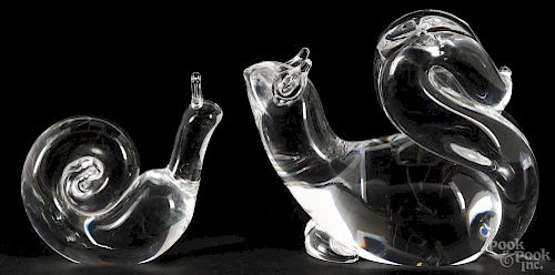 Two Steuben glass snails, signed on bases, 3 1/2'' h. and 4 1/4'' h.