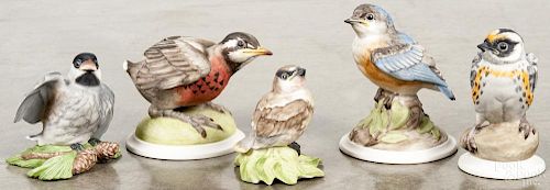 Five Boehm porcelain birds, to include a First Venture Robin, a Baby Chickadee, a Baby Cedar Waxing