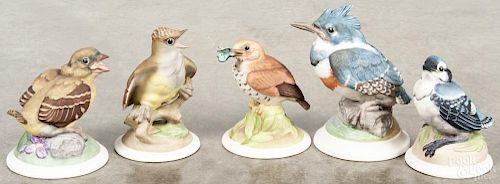 Five Boehm porcelain birds, to include a Baby Wood Thrush, a Baby Crested Flycatcher