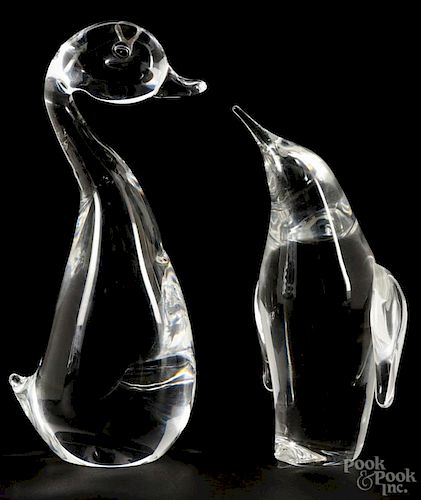 Steuben glass penguin, by George Thompson, 7'' h., together with a Steuben goose, 8 1/2'' h.
