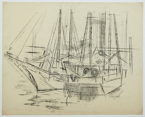 Lamar Dodd (1909-1996, Georgia), "Boats in the Harbor," 20th c., charcoal, signed verso with Certificate of Authenticity from Annie...