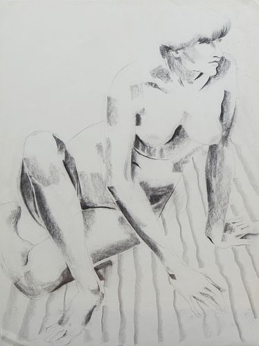 Kitty O'Meallie (1915-2014, Newcomb College), "Seated Female Nude," 20th c., charcoal, unsigned, matted and shrink wrapped, H.- 30 i...
