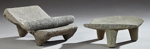 Two Cast Stone Mortars and a Pestle, with tapered legs, Largest- H.- 7 in., W.- 17 in., D.- 12 in.