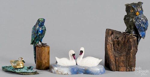 Four carved hardstone birds, to include an owl, 9'' h., a parrot, a swan group, and a duck.