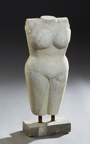 Carved White Marble Female Torso, 20th c., on iron supports to a cast stone stand, Total H.- 26 in., W.- 9 1/2 in., D.- 5 in. Proven...