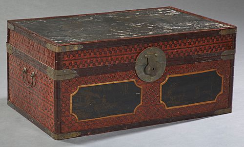 Chinese Lacquered Brass Mounted Storage Box, 20th c., the ebonized lid with gilt landscape decorations, with a brass clasp, over wov...