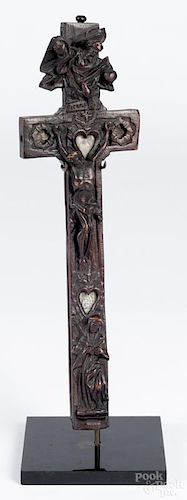 Continental carved crucifix, 18th c., with inset printed vignettes, 12 1/2'' h.
